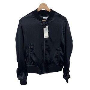 RO&DE Satin Bomber Jacket Womens Small Black NWT Ruched Sleeve Zip Up WPW80161RK